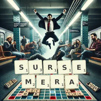 Illustration créative d'un jeu de lettres avec le mot SURSEMERA épelé sur le plateau.