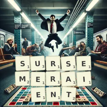 Illustration créative d'un jeu de lettres avec le mot SURSEMERAIENT épelé sur le plateau.