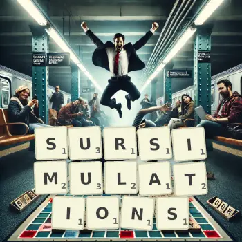 Illustration créative d'un jeu de lettres avec le mot SURSIMULATIONS épelé sur le plateau.