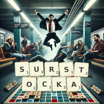 Illustration créative d'un jeu de lettres avec le mot SURSTOCKA épelé sur le plateau.