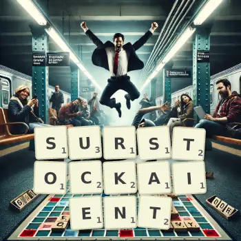 Illustration créative d'un jeu de lettres avec le mot SURSTOCKAIENT épelé sur le plateau.