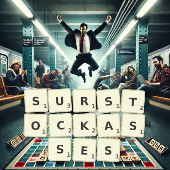 Illustration créative d'un jeu de lettres avec le mot SURSTOCKASSES épelé sur le plateau.