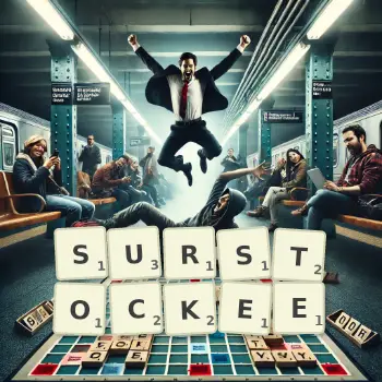 Illustration créative d'un jeu de lettres avec le mot SURSTOCKEE épelé sur le plateau.