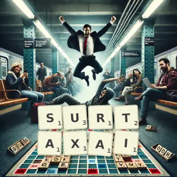 Illustration créative d'un jeu de lettres avec le mot SURTAXAI épelé sur le plateau.