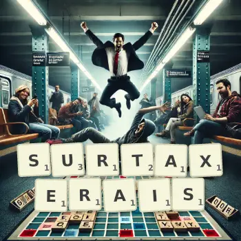 Illustration créative d'un jeu de lettres avec le mot SURTAXERAIS épelé sur le plateau.