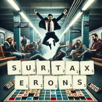 Illustration créative d'un jeu de lettres avec le mot SURTAXERONS épelé sur le plateau.