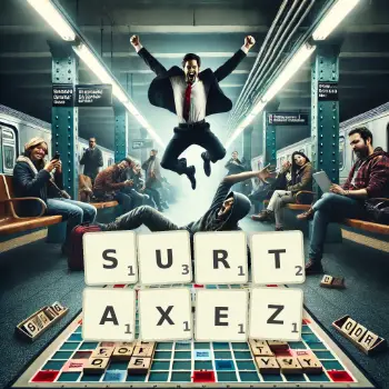 Illustration créative d'un jeu de lettres avec le mot SURTAXEZ épelé sur le plateau.