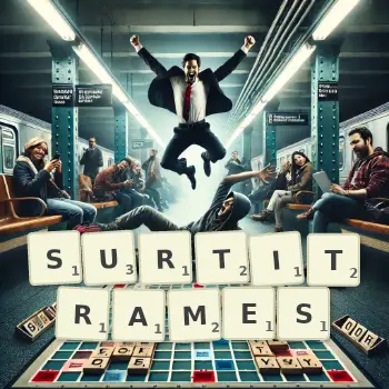 Illustration créative d'un jeu de lettres avec le mot SURTITRAMES épelé sur le plateau.