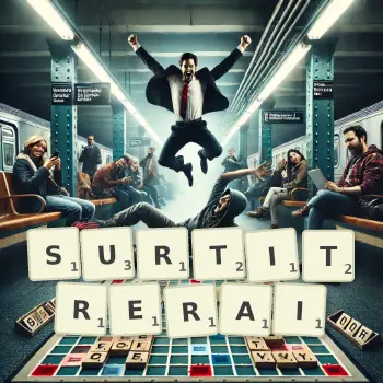 Illustration créative d'un jeu de lettres avec le mot SURTITRERAI épelé sur le plateau.