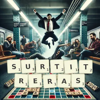 Illustration créative d'un jeu de lettres avec le mot SURTITRERAS épelé sur le plateau.