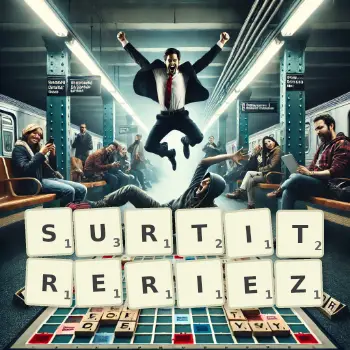Illustration créative d'un jeu de lettres avec le mot SURTITRERIEZ épelé sur le plateau.