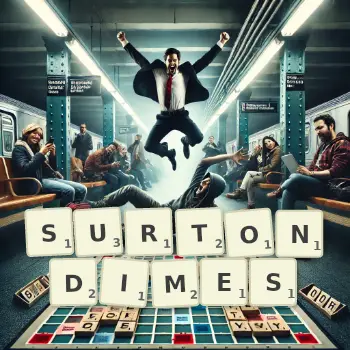 Illustration créative d'un jeu de lettres avec le mot SURTONDIMES épelé sur le plateau.