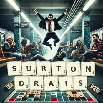 Illustration créative d'un jeu de lettres avec le mot SURTONDRAIS épelé sur le plateau.