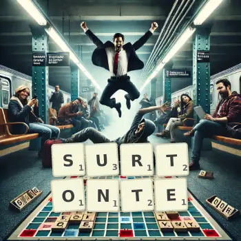 Illustration créative d'un jeu de lettres avec le mot SURTONTE épelé sur le plateau.