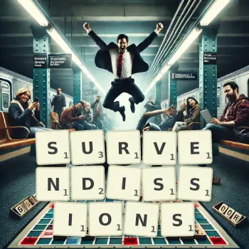 Illustration créative d'un jeu de lettres avec le mot SURVENDISSIONS épelé sur le plateau.