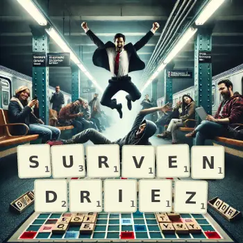 Illustration créative d'un jeu de lettres avec le mot SURVENDRIEZ épelé sur le plateau.