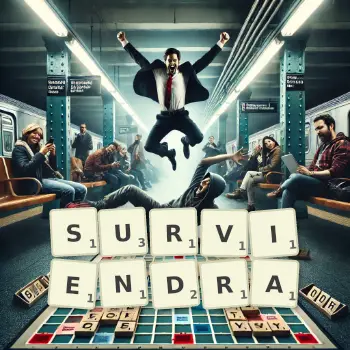 Illustration créative d'un jeu de lettres avec le mot SURVIENDRA épelé sur le plateau.