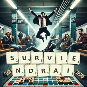 Illustration créative d'un jeu de lettres avec le mot SURVIENDRAI épelé sur le plateau.