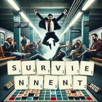 Illustration créative d'un jeu de lettres avec le mot SURVIENNENT épelé sur le plateau.