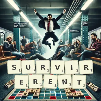 Illustration créative d'un jeu de lettres avec le mot SURVIRERENT épelé sur le plateau.