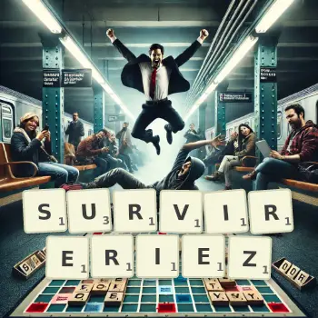 Illustration créative d'un jeu de lettres avec le mot SURVIRERIEZ épelé sur le plateau.
