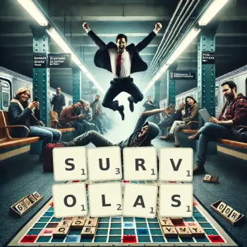 Illustration créative d'un jeu de lettres avec le mot SURVOLAS épelé sur le plateau.