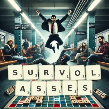 Illustration créative d'un jeu de lettres avec le mot SURVOLASSES épelé sur le plateau.