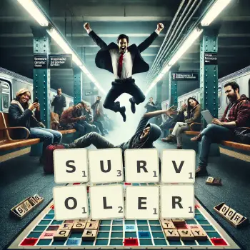 Illustration créative d'un jeu de lettres avec le mot SURVOLER épelé sur le plateau.