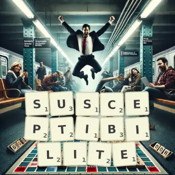 Illustration créative d'un jeu de lettres avec le mot SUSCEPTIBILITE épelé sur le plateau.