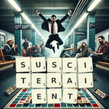 Illustration créative d'un jeu de lettres avec le mot SUSCITERAIENT épelé sur le plateau.