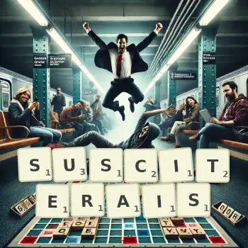 Illustration créative d'un jeu de lettres avec le mot SUSCITERAIS épelé sur le plateau.