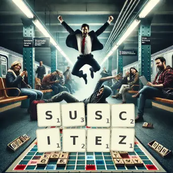 Illustration créative d'un jeu de lettres avec le mot SUSCITEZ épelé sur le plateau.