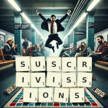 Illustration créative d'un jeu de lettres avec le mot SUSCRIVISSIONS épelé sur le plateau.