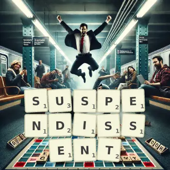 Illustration créative d'un jeu de lettres avec le mot SUSPENDISSENT épelé sur le plateau.