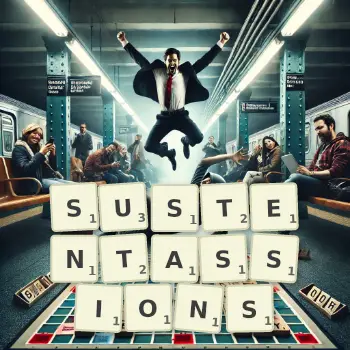Illustration créative d'un jeu de lettres avec le mot SUSTENTASSIONS épelé sur le plateau.