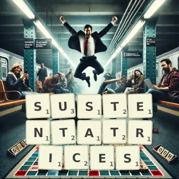 Illustration créative d'un jeu de lettres avec le mot SUSTENTATRICES épelé sur le plateau.