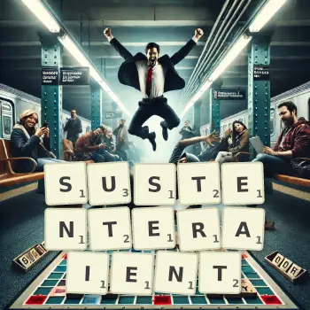 Illustration créative d'un jeu de lettres avec le mot SUSTENTERAIENT épelé sur le plateau.