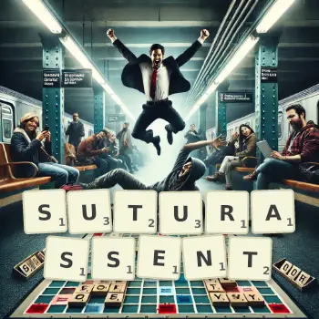 Illustration créative d'un jeu de lettres avec le mot SUTURASSENT épelé sur le plateau.