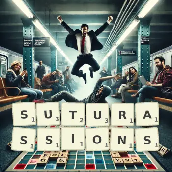 Illustration créative d'un jeu de lettres avec le mot SUTURASSIONS épelé sur le plateau.