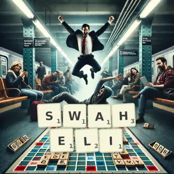 Illustration créative d'un jeu de lettres avec le mot SWAHELI épelé sur le plateau.