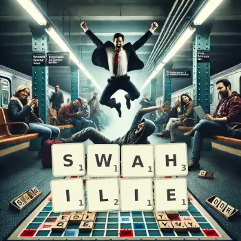 Illustration créative d'un jeu de lettres avec le mot SWAHILIE épelé sur le plateau.