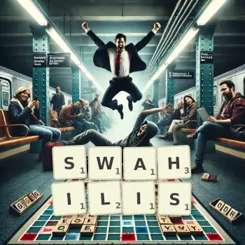 Illustration créative d'un jeu de lettres avec le mot SWAHILIS épelé sur le plateau.