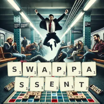 Illustration créative d'un jeu de lettres avec le mot SWAPPASSENT épelé sur le plateau.