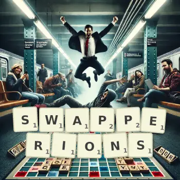Illustration créative d'un jeu de lettres avec le mot SWAPPERIONS épelé sur le plateau.