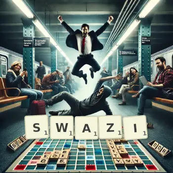 Illustration créative d'un jeu de lettres avec le mot SWAZI épelé sur le plateau.