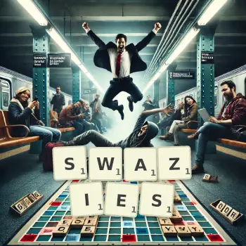 Illustration créative d'un jeu de lettres avec le mot SWAZIES épelé sur le plateau.