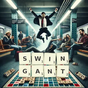 Illustration créative d'un jeu de lettres avec le mot SWINGANT épelé sur le plateau.