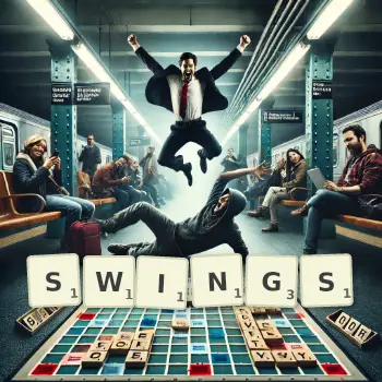 Illustration créative d'un jeu de lettres avec le mot SWINGS épelé sur le plateau.