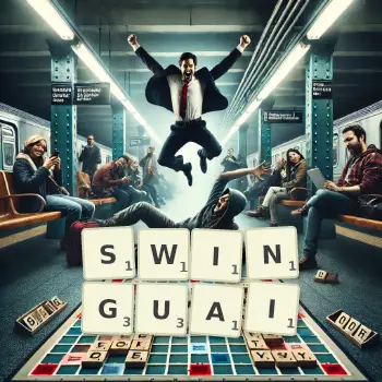 Illustration créative d'un jeu de lettres avec le mot SWINGUAI épelé sur le plateau.