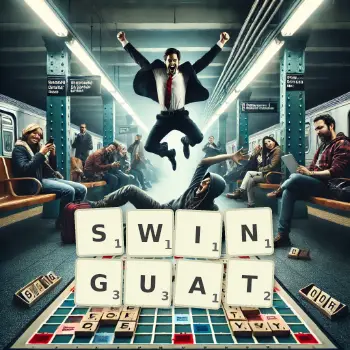 Illustration créative d'un jeu de lettres avec le mot SWINGUAT épelé sur le plateau.